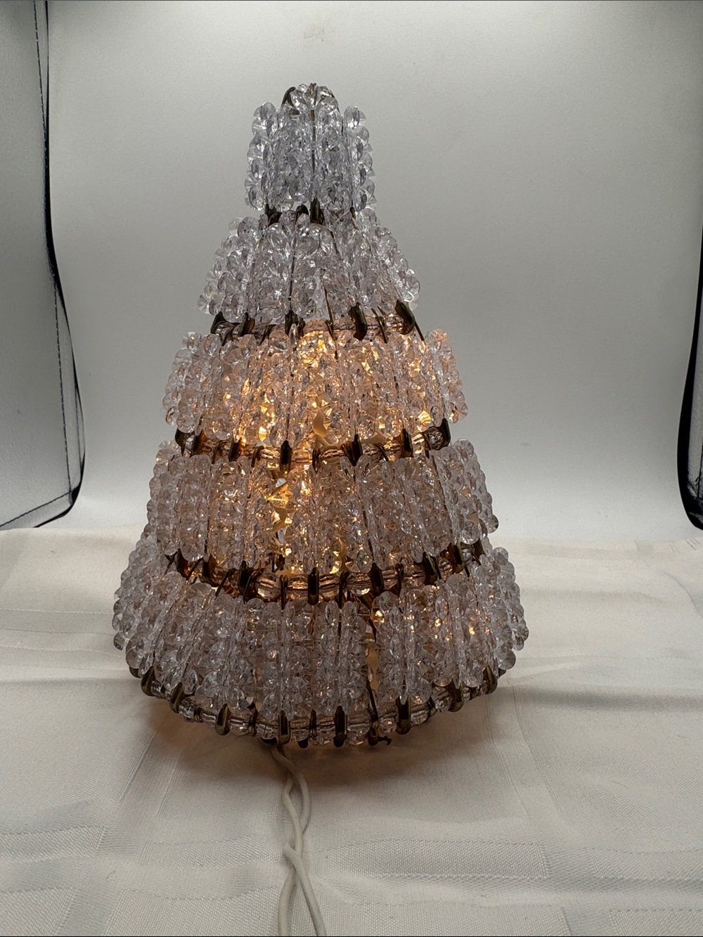 Christmas tree crafted clear faceted beads brass tone safety pins lights up 9x6”